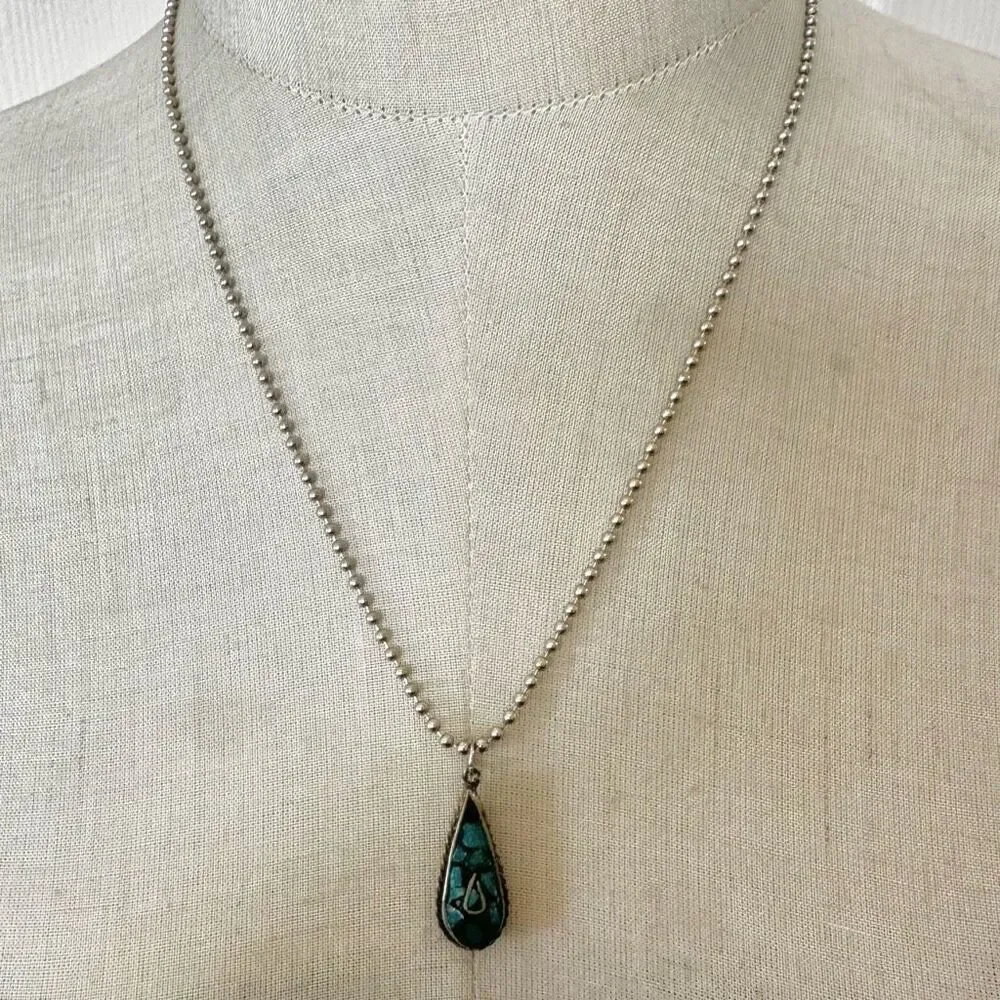 Boho Teardrop Mosaic Turquoise Pendant Necklace